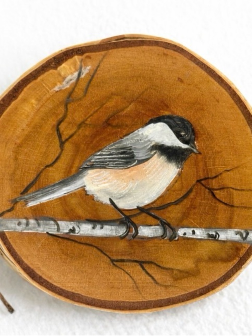 Hand-Painted Chickadee Bird Wall Plaque - Natural Wood, Black & White